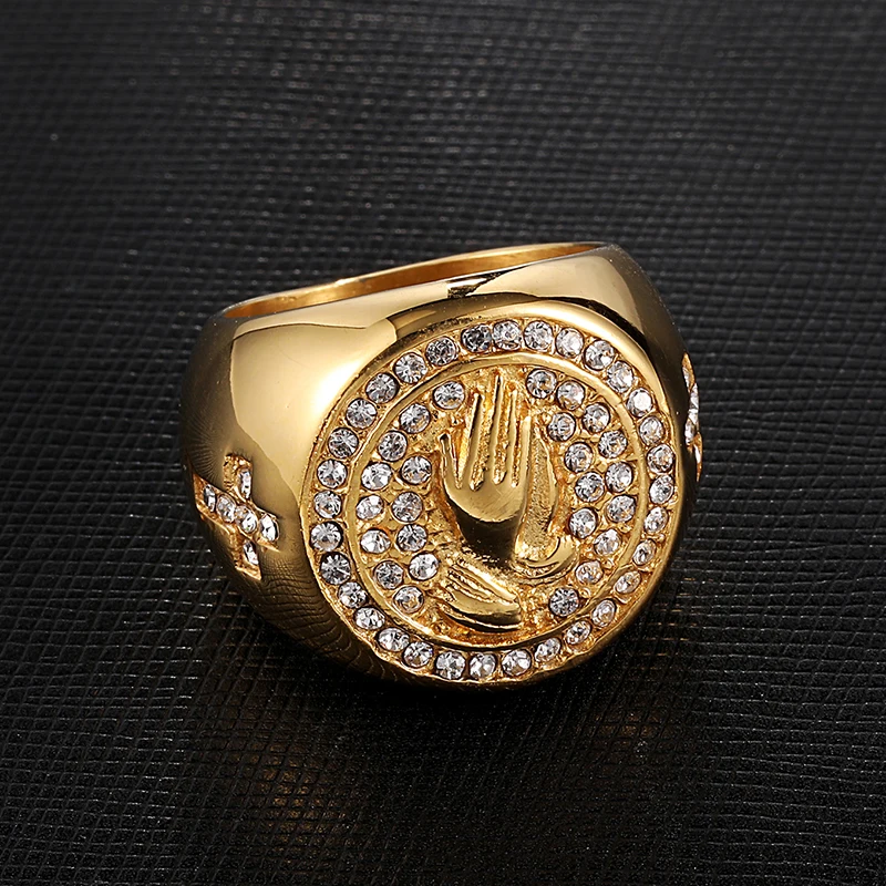 Bling Iced Out кристалл золотой цвет крест молитвенная рука титановое кольцо из нержавеющей стали для мужчин хип-хоп ювелирные изделия