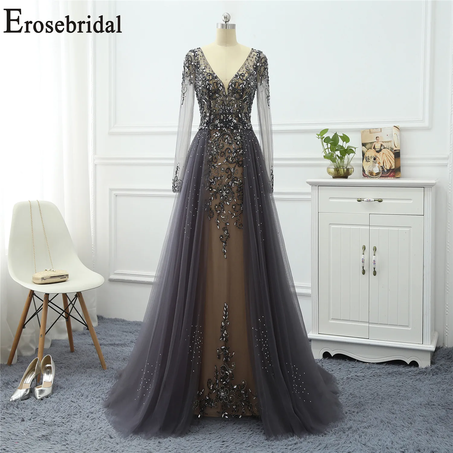 Erosebridal платья с длинным рукавом для особых случаев для женщин вечернее платье Длинные официальные платья вечерние платья тюль ткань с бисером