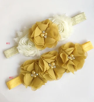 

New Coming Mustard Chiffon Flower Rhinetsone Pearl Flowers With Gold Elastic Headbands For Baby Girl Kid Headware Hair Accessory