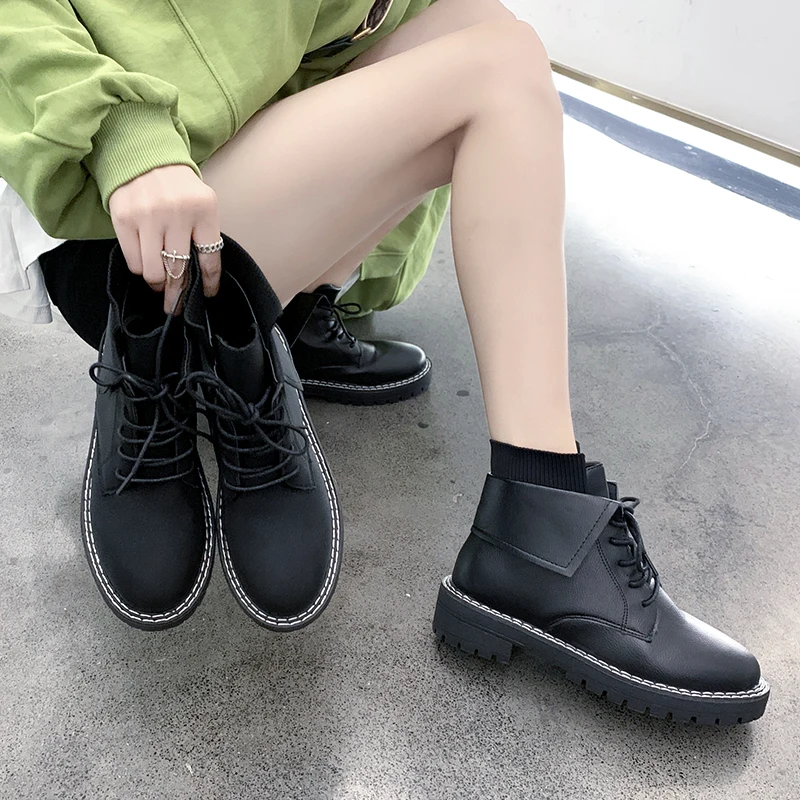 

Botas Mujer Retro Solid Leather Lace-Up Ankle Bota Feminina Cano Curto Round Toe Shoes Outdoor PU Leather Winter Female Shoes