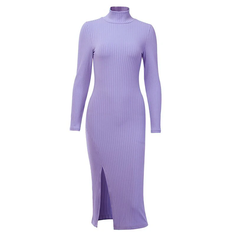 Purple WannaThis/пикантные Вечерние Платья До Колена, хлопковый ребристый трикотажный водолазка, однотонное, с разрезом, с длинными рукавами, Осеннее элегантное платье с воротником под горло - Цвет: Purple
