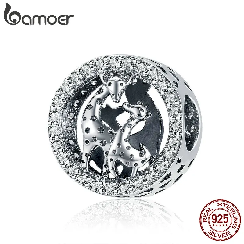 BAMOER 925 пробы серебро Жираф семья животных Бусины прозрачный CZ талисманы Fit Шарм Браслеты Ожерелья DIY ювелирных изделий SCC997
