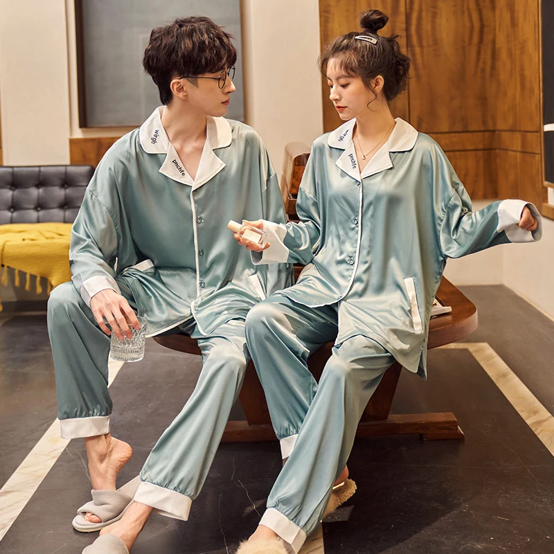 New Couple Real Silk Pajamas Set 2 Pieces Long Sleeves Solid Sleepwear Men Pyjamas Ladies Lounge Home Clothes Suit