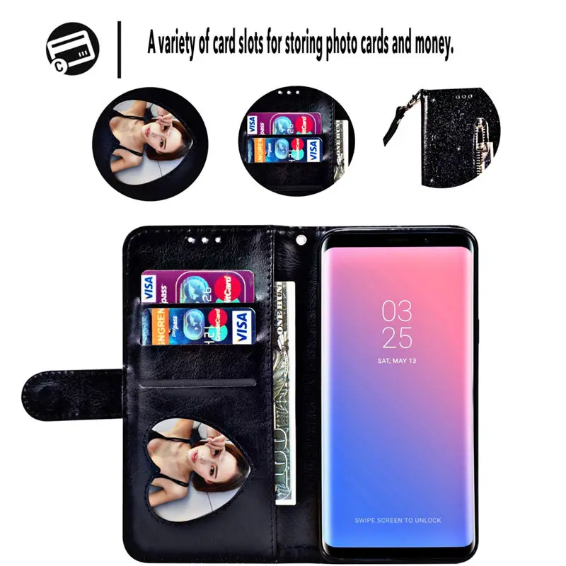 Кошелек на молнии из искусственной кожи чехол для samsung Galaxy S10E S6 S7 Edge S8 S9 Note 8 9 10 Plus Блестящий силиконовый чехол с откидной крышкой и отделением для карт