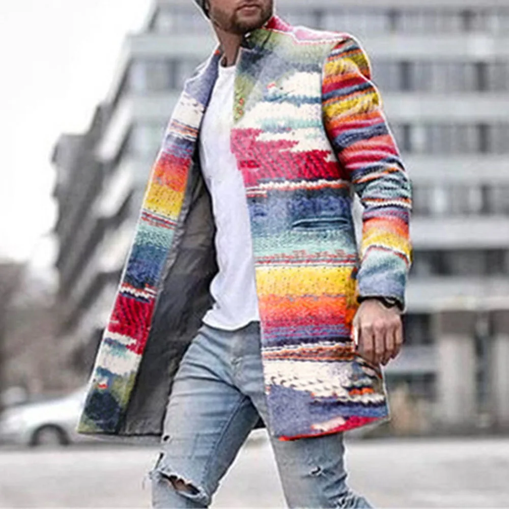 60% OFF Men's Long Blazer Coats Office Overcoat 4XL Autumn And Winter Rainbow Print Long Warm Coat Men Plus Size Outwear Black Warm