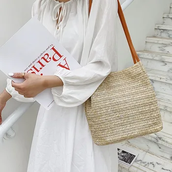 

Summer Beach Rattan Bag Bohemian Vintage Handmade Bucket Bags Straw Weave Casual Shoulder Totes Holiday Knitted Soft Totes Bolsa