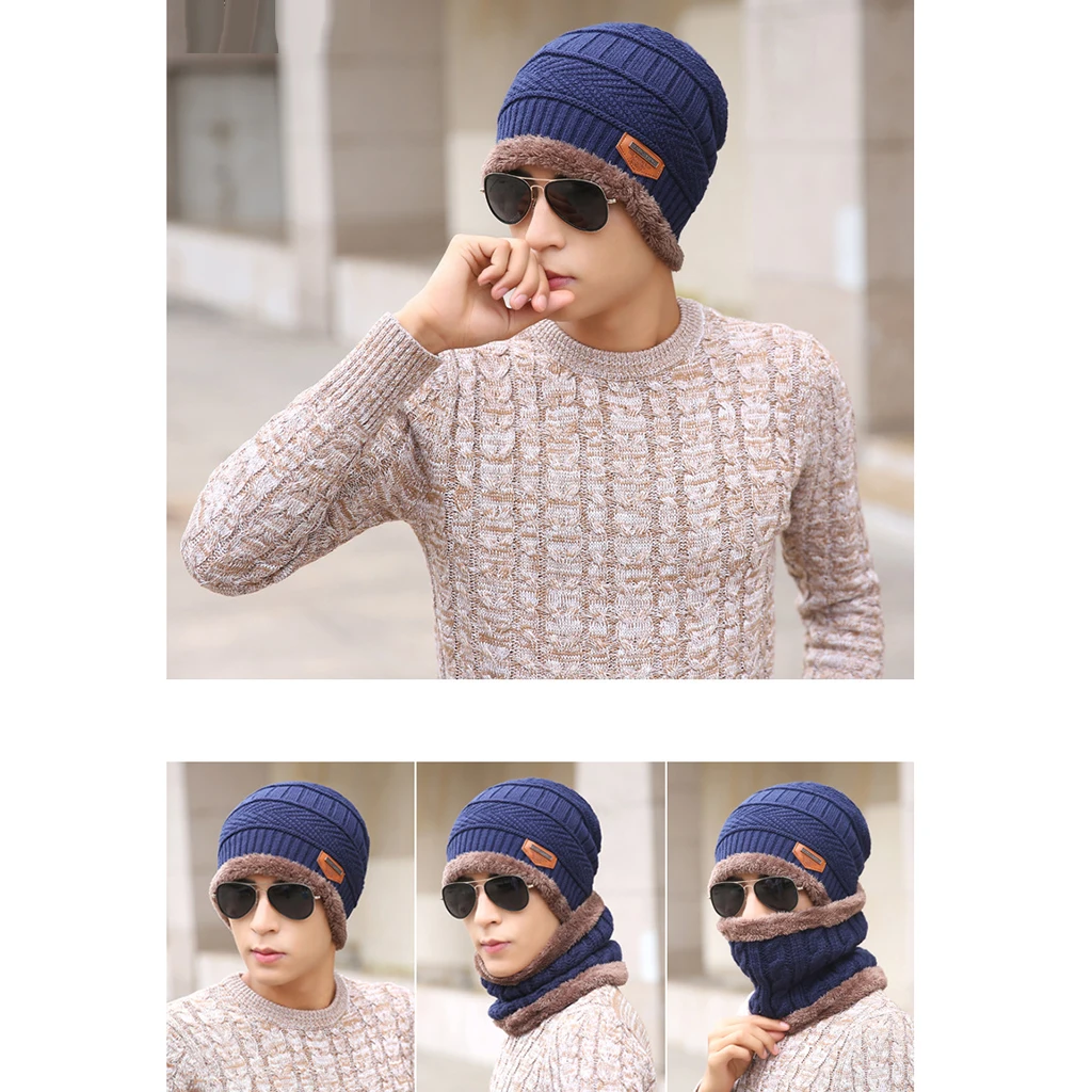 2PCS Men's Women's 2 Sided Beanie Winter Warm Knit Ski Knitted Scarf Hat Windproof Couple Hat Slouchy Hats with Pom Scarves