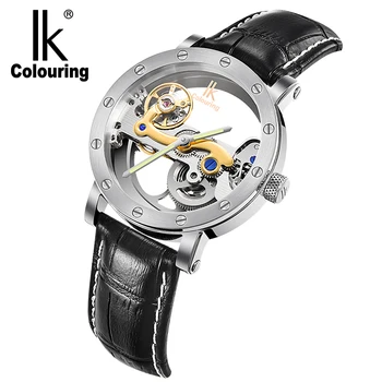 

IK Colouring Automatic Mechanical Watch Men Double-sided Hollow Out Black Leather Strap Wristwatch Waterproof 5ATM 2020 Fashion
