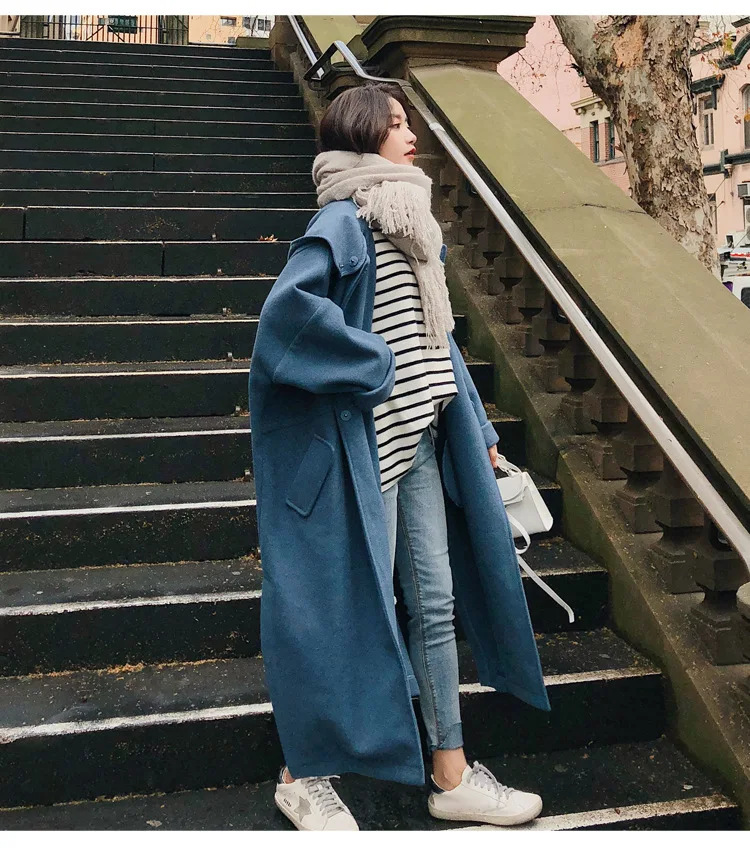 Двухстороннее шерстяное пальто женское длинное стиль осень и зима корейский стиль Популярная свободная ПОДБИТАЯ шерстяная куртка