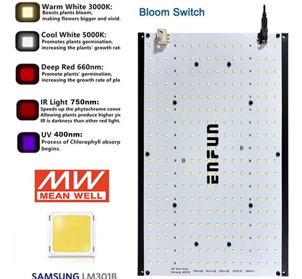 EnFun Phytolamp Led horticulture grow light Board Full spectrum uv ir Quantum samsung lm301b for indoors plants red switch