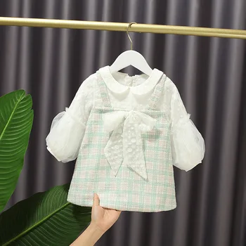

Long-sleeved Dress Lady Princess Dress Girl's Korean-style Bow Above Knee, Mini Plaid Casual 2020 Autumn Cotton Full Regular