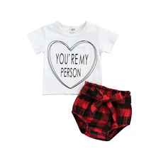 

Two Piece Kids Baby Girls Clothes Casual Set Fashion Letter Short Sleeve Round Neck Pullover T-shirt and Plaid Bow Short Pants