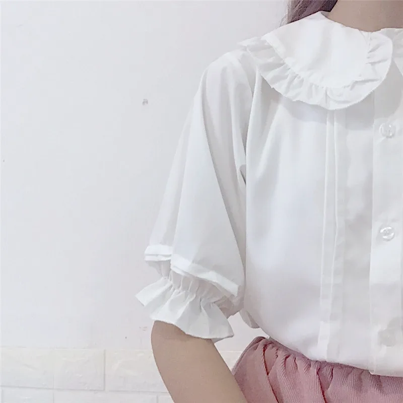 KYQIAO Лолита рубашка Мори девушки Лето Осень Япония стиль сладкий свежий Питер Пэн воротник длинный рукав Черный Белый Блузка