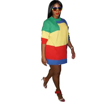 

Winter Round Neck Irregular Color Knitted Sweater Women Sexy Long Sleeve Plus Size Sweater Loose Long Jumper