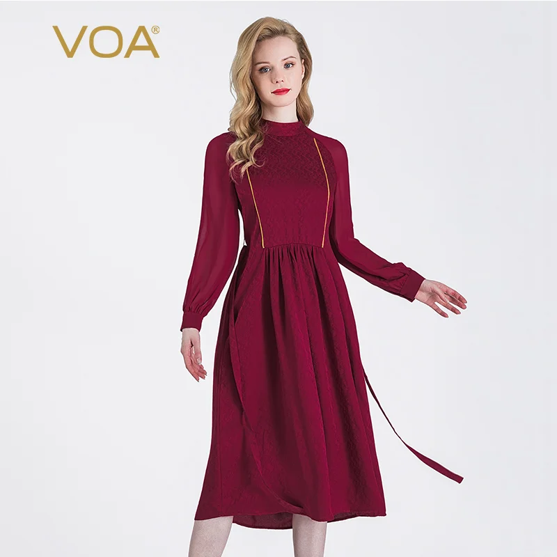 VOA 22m/m Silk Jacquard Dark Red Half-Collar Raglan Long Sleeve Golden Rolloff Pleated Lace-up Dress A10927 | Женская одежда