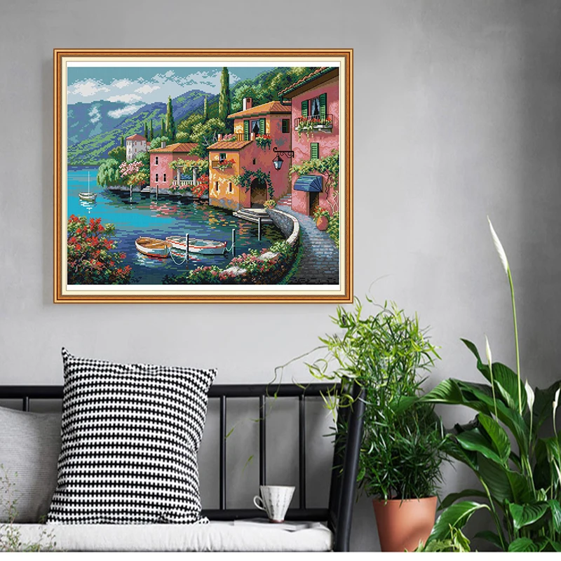 Joy Sunday Cross Stitch Kit Colorful House By The Water Patterns 14CT 11CT Print Cross Stitch Handmade Embroidery Needlework Set cross stitch kit
