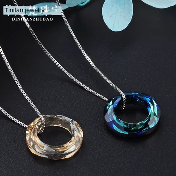 

S925 Silver Necklace Austria Crystal Pendant Colorful Circle Clavicle Chain Pendant Bush Chain Jewelry