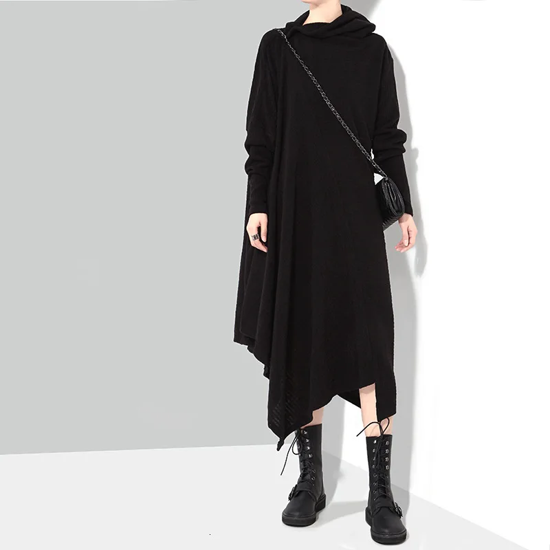 [EAM] женское ассиметричное длинное вязаное платье большого размера, новинка, высокий воротник, длинный рукав, свободный крой, мода весна-осень AS171