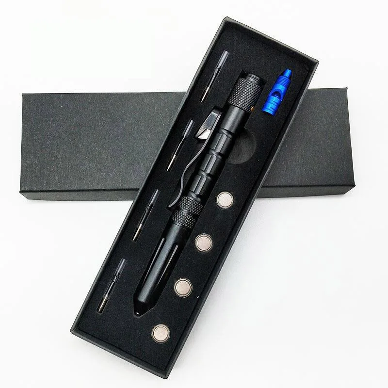 

Multi-function tactical pen, tungsten pen tip, small flashlight, knife cutting rope, whistle, mobile phone touch stick, outdoor pen