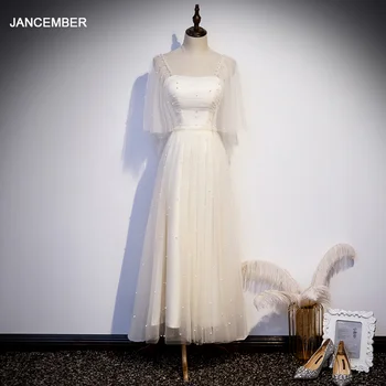 

JANCEMBER WLN20045 Summer Fairy-Champagne Mid-Length Slim Tulled Square Collar Evening Prom Dresses 2020 فساتين سهرة