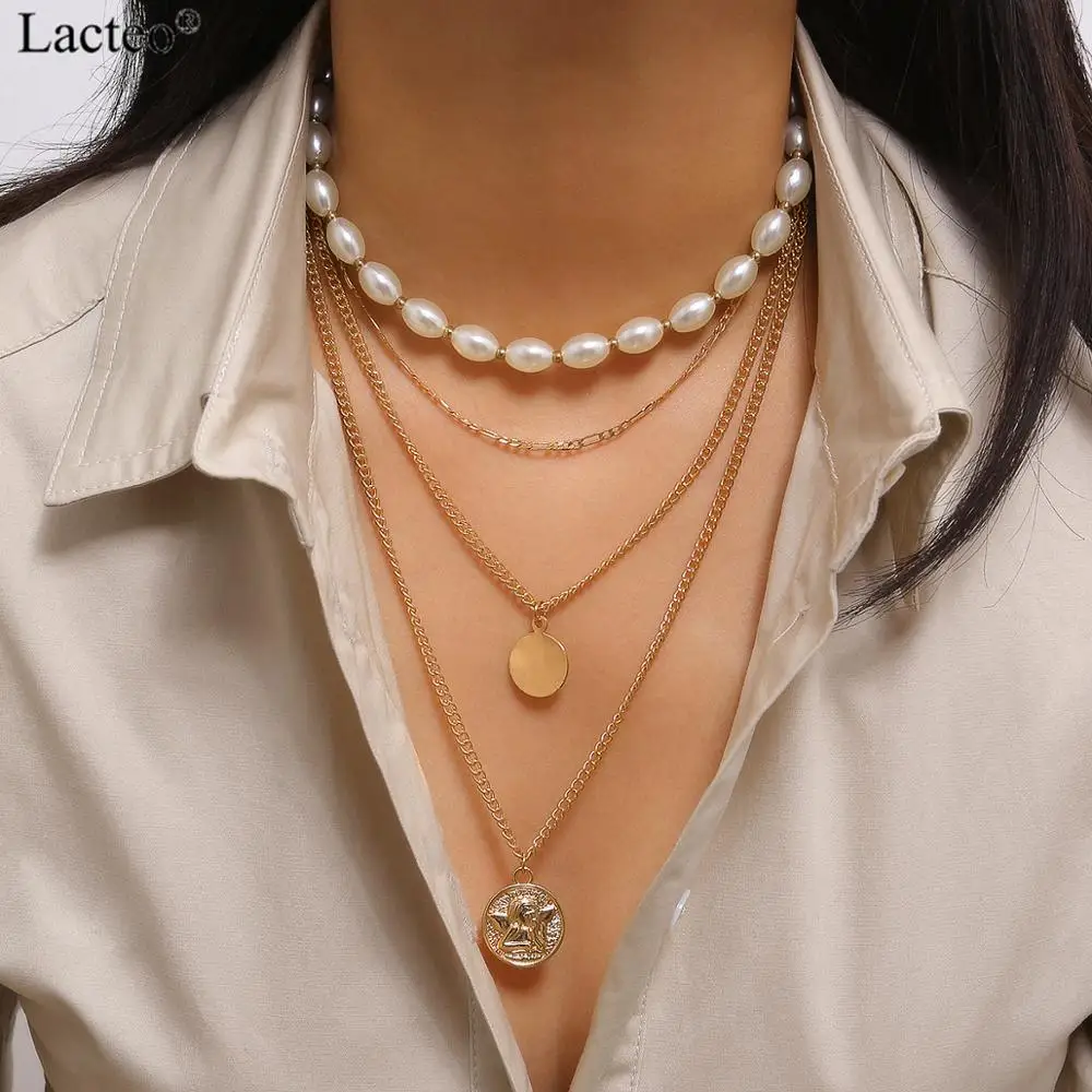 

Lacteo Vintage Carved Coin Angle Face Pendant Necklace Women 2019 Fashion Multi Layered Imitation Pearl Choker Necklace Jewelry