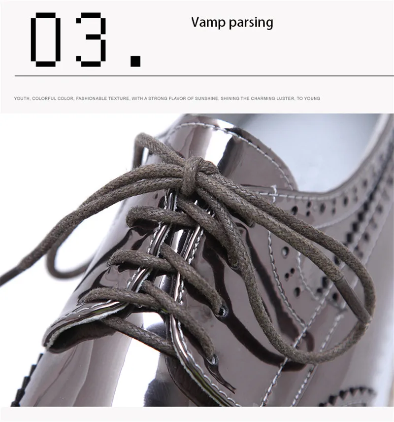 Patent Leather Women Platform Oxfords Brogue Flats Shoes Lace Up Square Toe Brand Female Footwear Shoe For Women Creepers Silver (6)