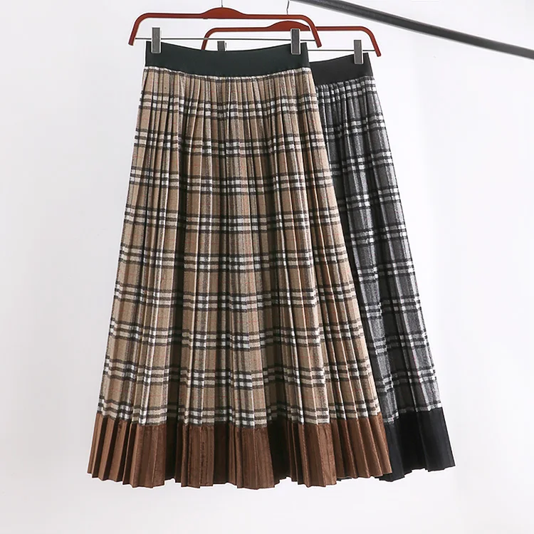 Черная, кофейная, эластичная, высокая талия, миди, плиссированная, трапециевидная, в клетку, шерсть, шерстяная юбка для женщин, зимняя, женская, юбки saia saias