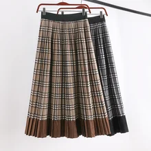 Черная, кофейная, эластичная, высокая талия, миди, плиссированная, трапециевидная, в клетку, шерсть, шерстяная юбка для женщин, зимняя, женская, юбки saia saias