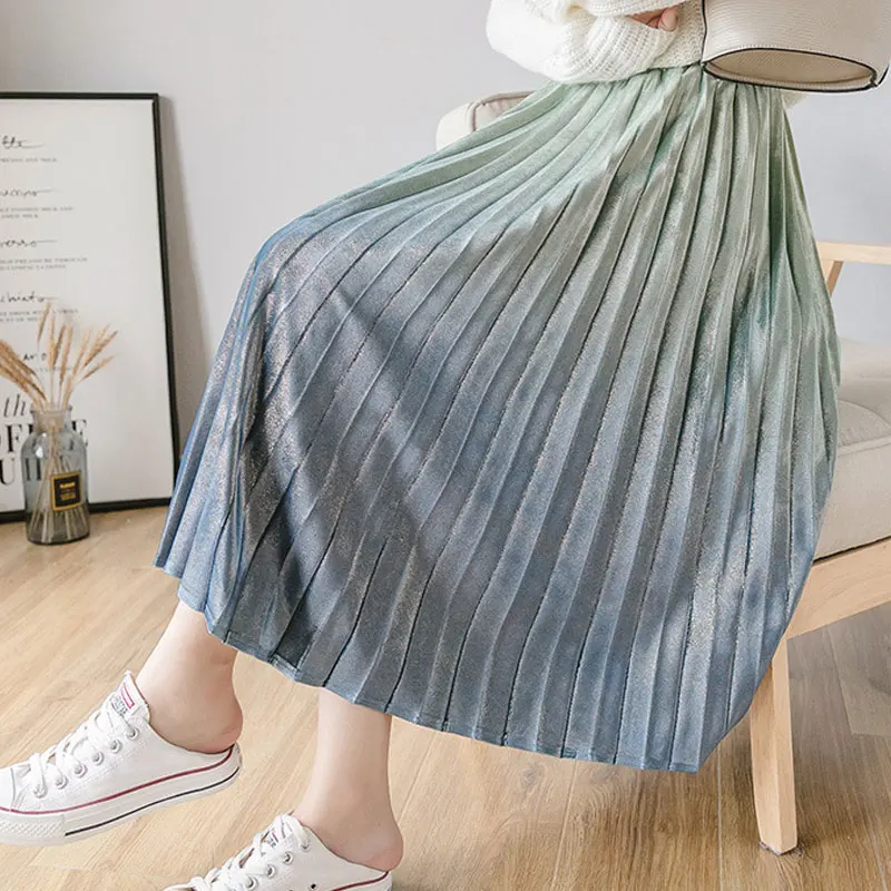 Women skirt new fashion gradient color gold velvet skirt Korean version long section long pleated high waist sweet wind casual