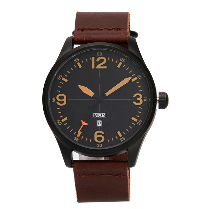 

New Style Calendar Large with Numbers Quartz Watch Fashion Leather Belt Waterproof Watch Oil Pressure Surface Dial Factory Custo