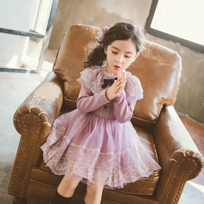 

2019 Spring Long Sleeve Childrenswear Korean-style Lace Gauze Girls' Princess Skirt Elastic Waist Button Girls Dress