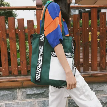 

Single Shoulder Shopping Bag Patchwork Canvas Cloth Crossbody Bag Black Yellow Zipper Eco Reusable Totes bolsas tela