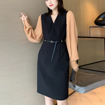 

2020 Autumn New Style Stitching Contrast Color Belt Slim Fit Elegant Pleated Women'S Long-Sleeved Dress High-Quality Fashion