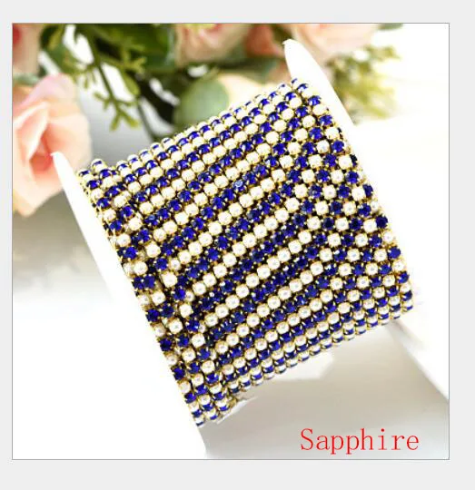 sapphire 10 ярдов SS6 цепочка со стразами прозрачные кристаллы из горного хрусталя с жемчугом цепочки камней Золотой низ для DIY вечерние платья дизайн ногтей - Цвет: sapphire