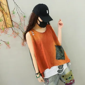 

Summer Women Casual Baggy Denim Patchwork Tank Top Pocket Hole Ripped Streetwear Loose Fit T-shirt Cotton Sleeveless Tees Tops