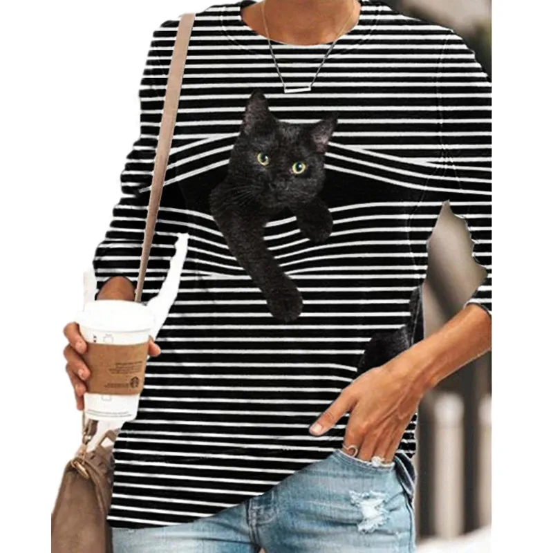 Striped Cat Print Fashion Casual Long-sleeved T-Shirt Retro Classic Black White O-Neck Pullover Tops Women Street Tshirt | Женская