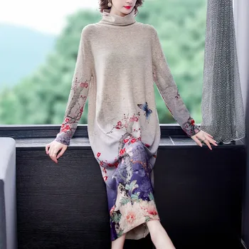 

Autumn Winter Fashion Retro Cashmere Women Turtleneck Casual Knitted Dress Warm Print Long Sleeve Sweater Dress Elegant Vestidos