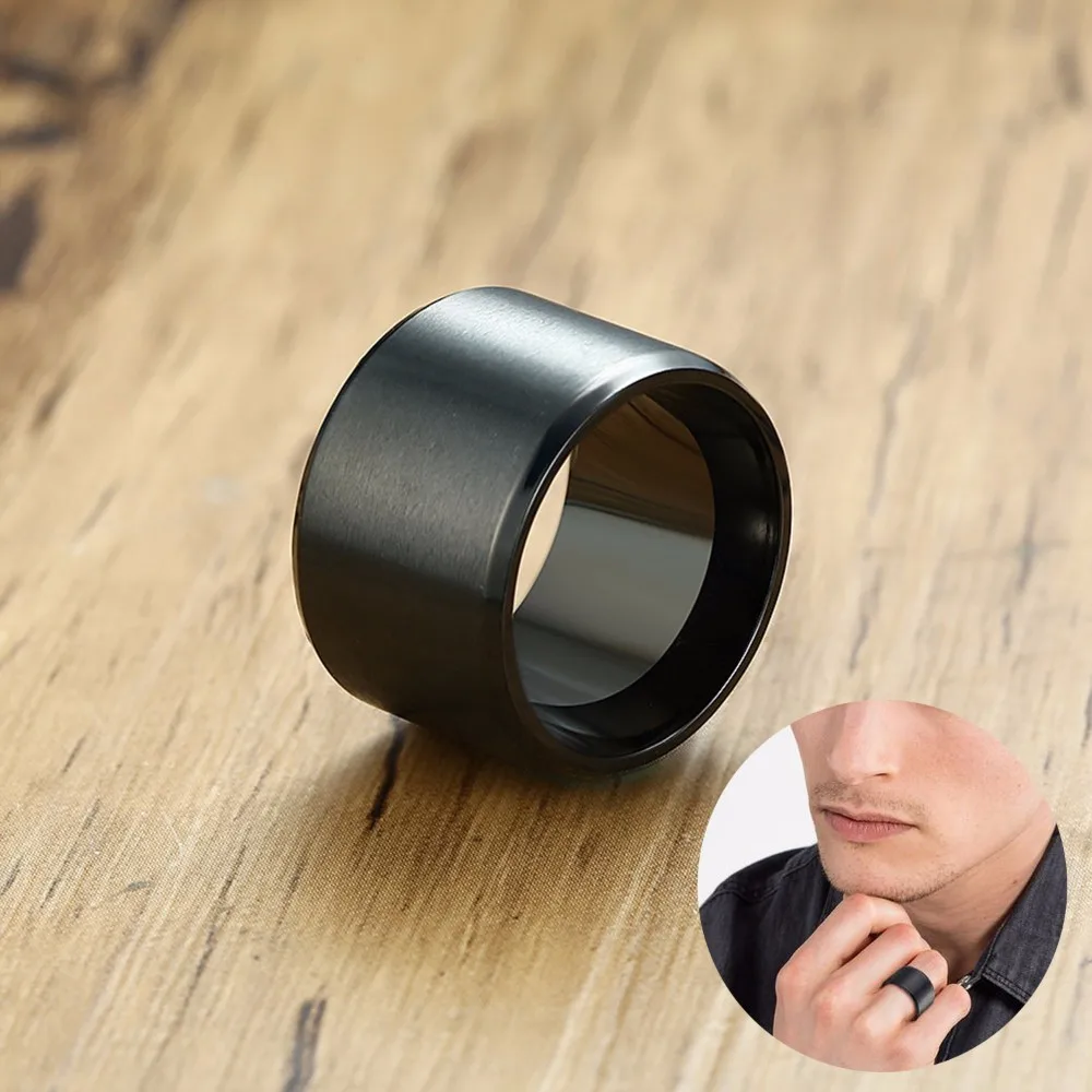 Men Ring 15mm Extra Wide Tube Black Stainless Steel Chunky