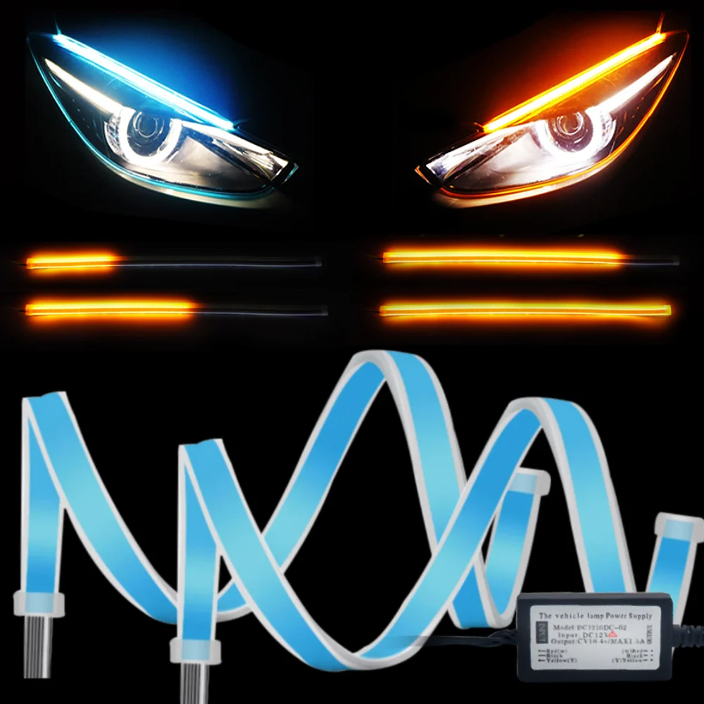 

2pcs Yellow Flowing Ultra-thin Daytime Running Light With Turn Signal Lamp Ice Blue DRL Flexible LED Strip For Mitsubishi Ford