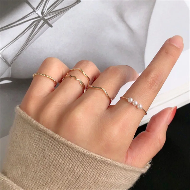 5 Pcs Fashion Ringen Set Voor Vrouwen Sieraden Gold Ronde Parel Eenvoud Minimalistische Stijl Persoonlijkheid Geometrische Ring Wedding Party Ringen Aliexpress