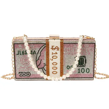 

Stack of Cash Crystals Women Money Evening Clutch Bags diamond painting chain Wedding Dinner Purses and Handbags luxury designer