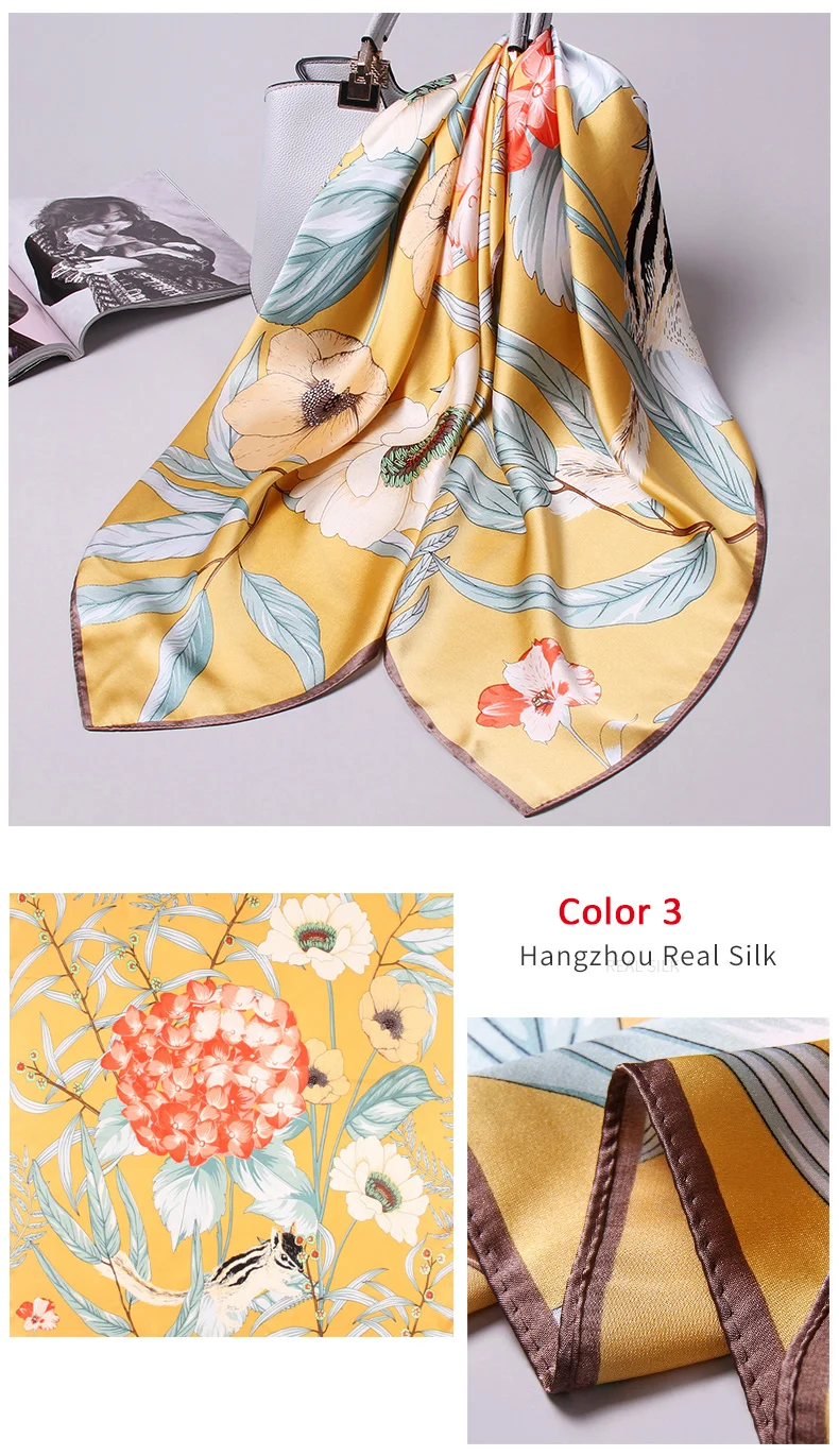 Натуральный шелковый квадратный шарф для женщин с цветочным принтом Шелковые Шали Обертывания большой натуральный шелковый платок для женщин 88X88 см