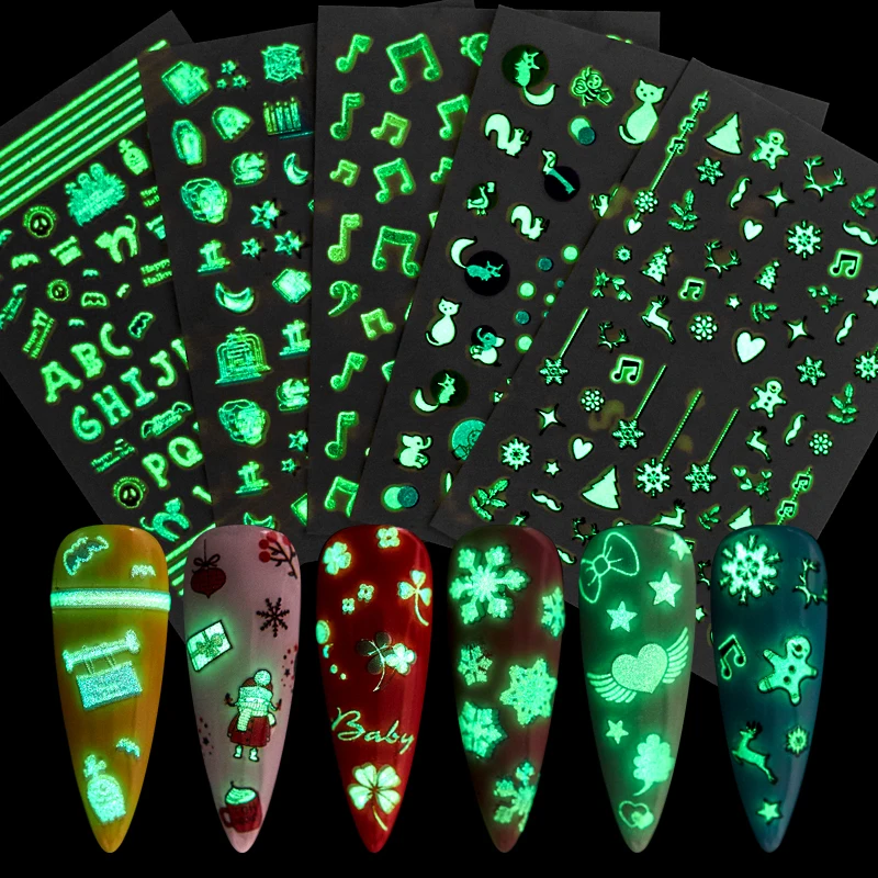 1 лист флуоресцентных наклеек для ногтей Рождественская серия 3D наклейка