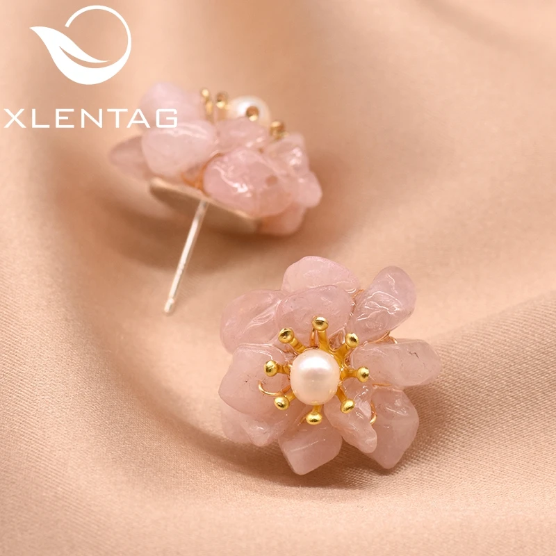 XlentAg серьги гвоздики с натуральным розовым кристаллом и жемчугом для женщин