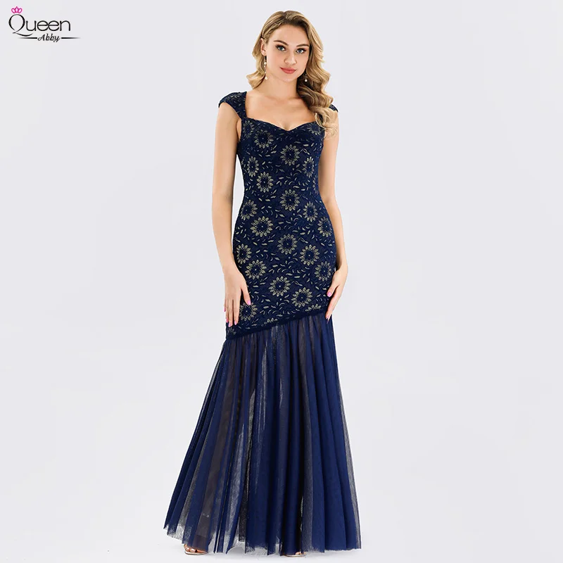 Navy Blue Evening Dresses Queen Abby Mermaid V-Neck Floor-Length Vintage Women Party Gowns Elegant Lace Gala | Свадьбы и торжества