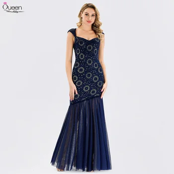 

Navy Blue Evening Dresses Queen Abby Mermaid V-Neck Floor-Length Vintage Women Evening Party Gowns Elegant Lace Gala Dresses