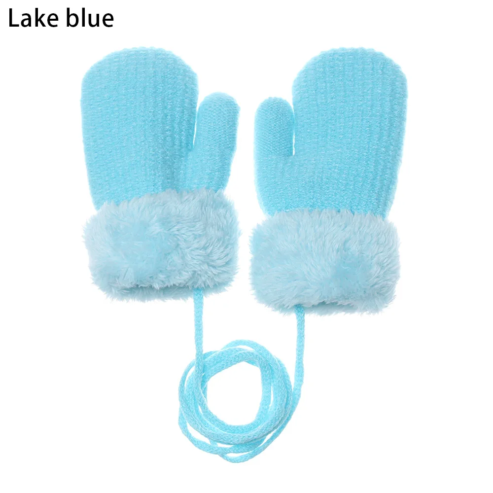 lake blue 1 пара новых зимних детских милых вязаных перчаток для мальчиков и девочек, теплые рукавицы на веревочке, перчатки для детей, подарки для малышей - Цвет: lake blue