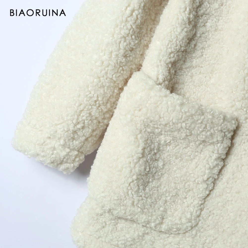 BIAORUINA Women's Winter Vinatge Style Single Breasted Loose White All-match Lamb Thick Warm Jacket Coat Turn-down Collar