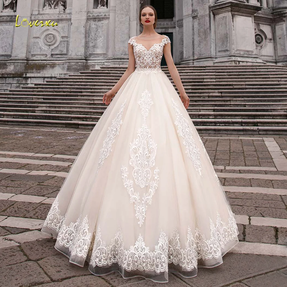 

Loverxu Illusion Scoop A Line Wedding Dresses 2019 Chic Applique Cap Sleeve Button Bride Dress Court Train Bridal Gown Plus Size
