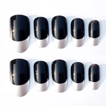 

Black Flat Fake Nails 24Pcs Silver Edge False Nail Round Head Full Designed Nails with Glue for Women DIY
